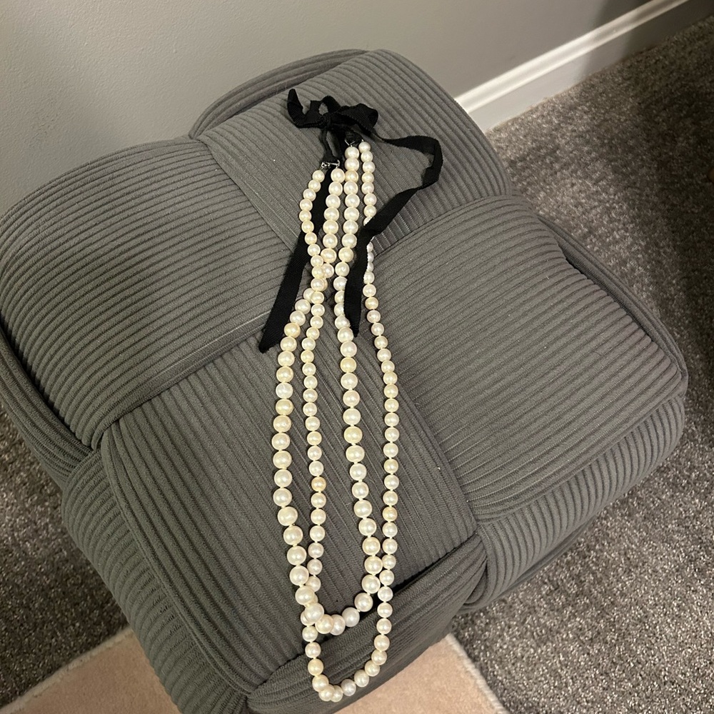 J. Crew Double Strand Pearl Necklace with Black Ribbon